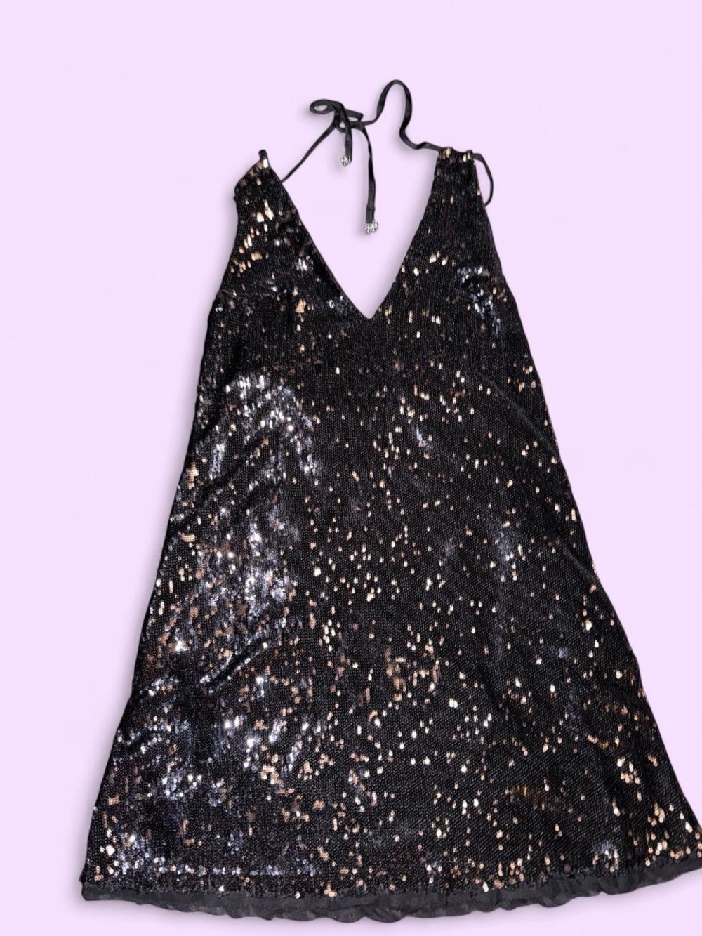 Sequin Halter Mini Dress in Black with Gold Accents